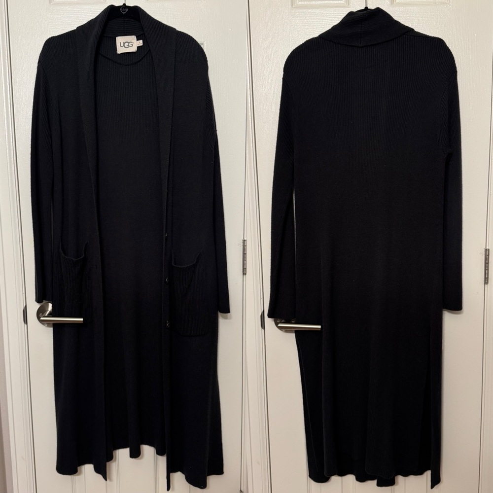 UGG Ribbed Longline Cardigan Long Duster w Buttons & Pockets M Black